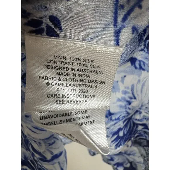 Camilla Silk Blouse Puff Sleeve Blue Floral Women’s Medium - Picture 10 of 10